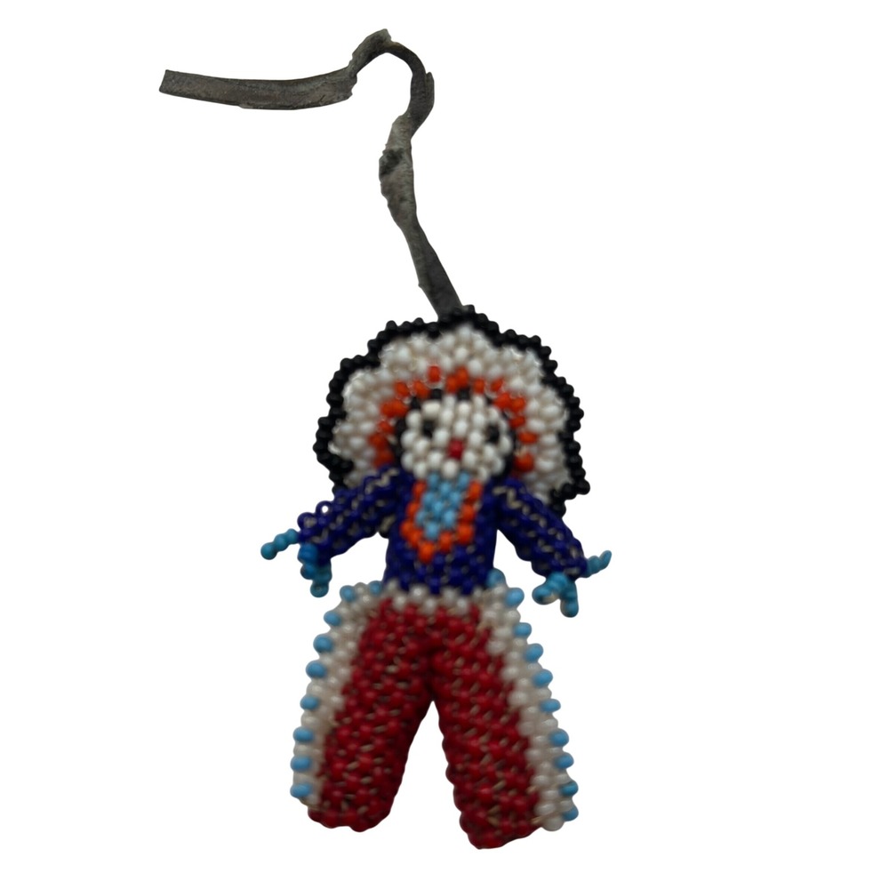 Vintage Beaded Doll Charm Keychain Folk Art Seed Bead Figure Red White Blue - Picture 3 of 4